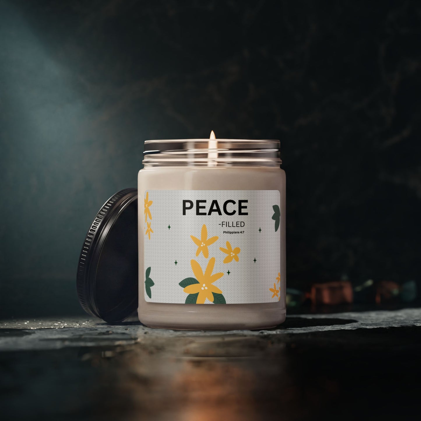 Peace-filled Soy Candle — 9oz Scented Jar with Floral Design (Philippians 4:7)