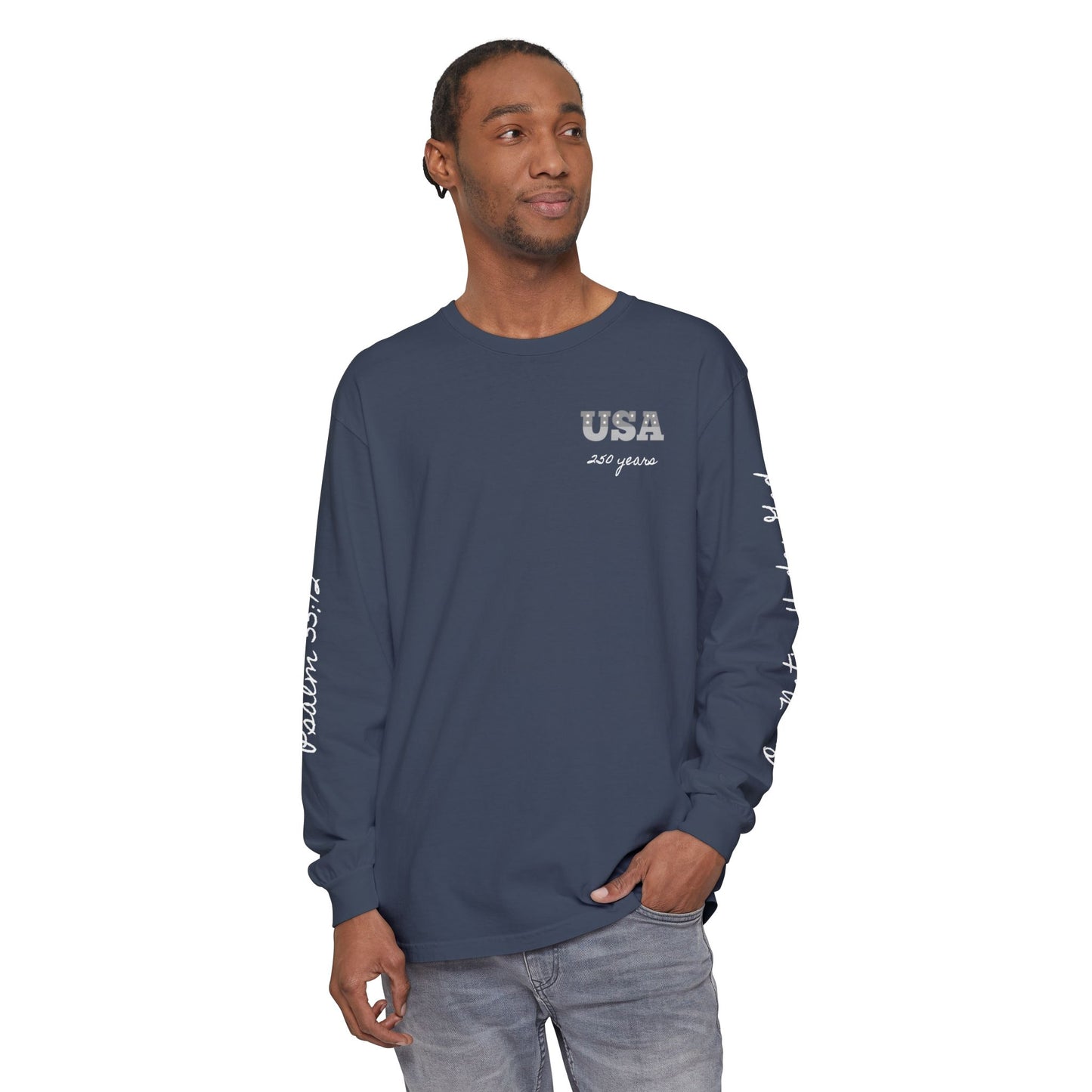 Christian Patriotic Long Sleeve Tee — "One Nation Under God" & Psalm 33:12 — USA 250 Anniversary