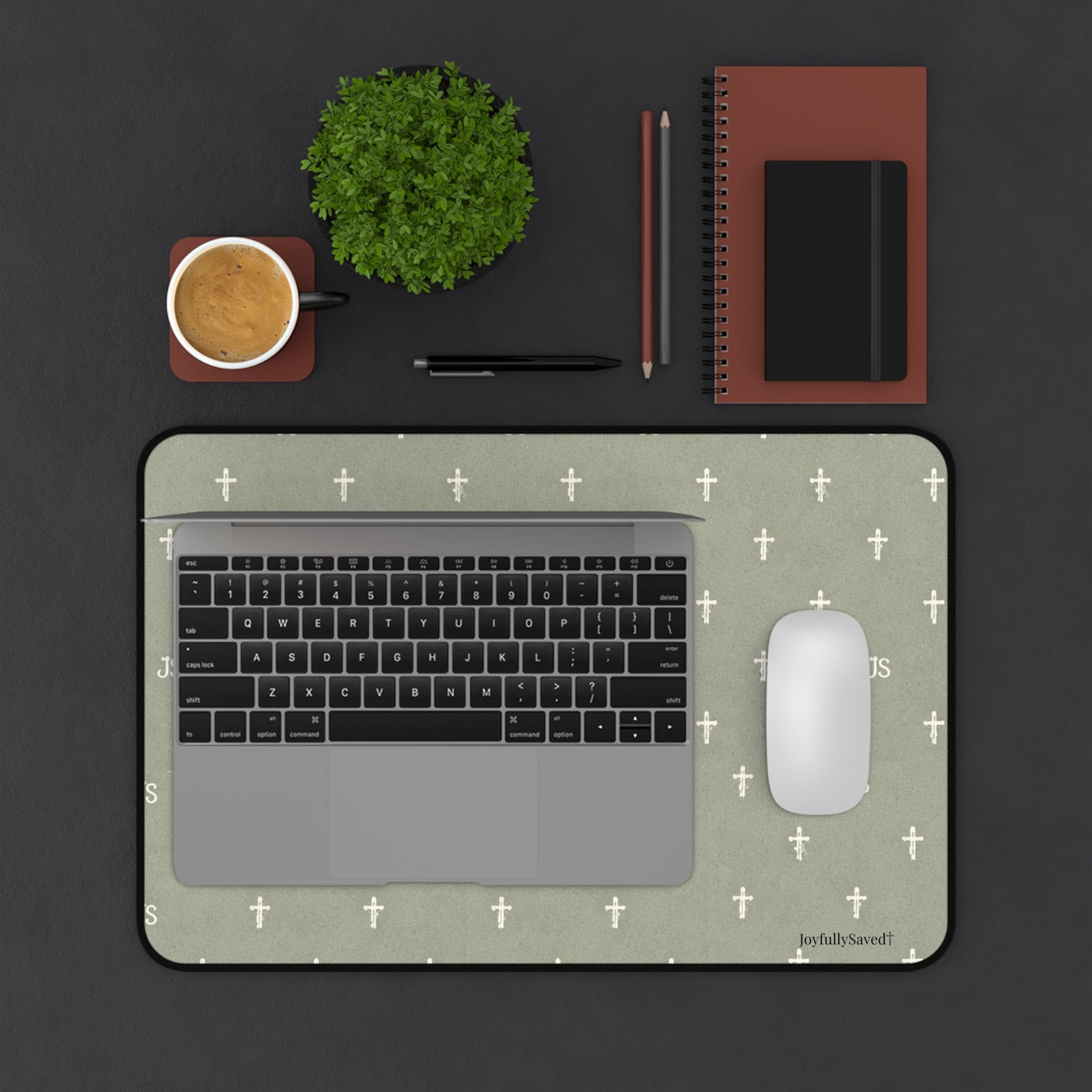 Christian Cross Pattern Desk Mat — "JoyfullySaved" Desk, Mouse Pad