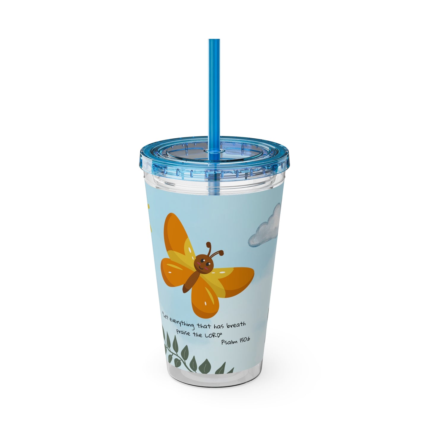 Butterfly & Sun 16oz Tumbler with Straw — 'Let everything that has breath' Psalm 150:6