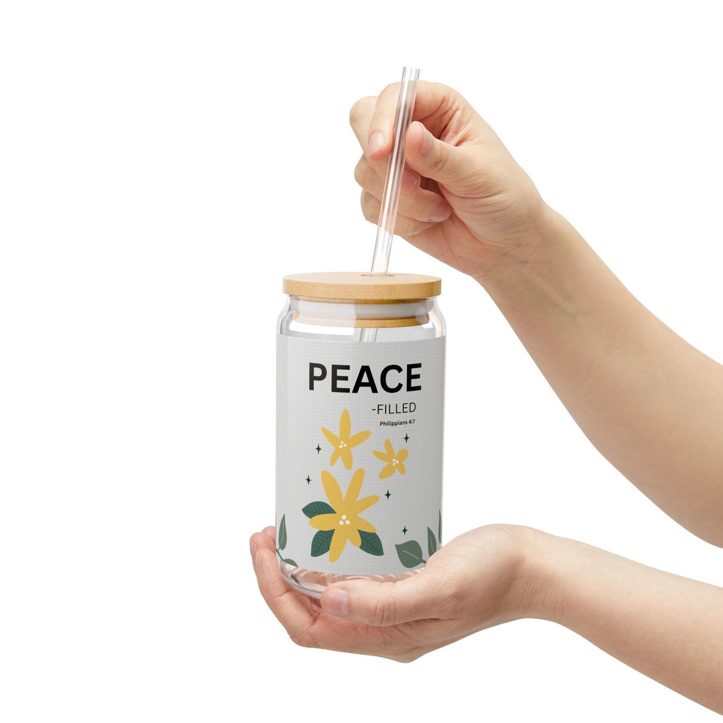 PEACE-filled Glass Can (16oz) — Philippians 4:7, Floral Straw Tumbler | Christian Gift