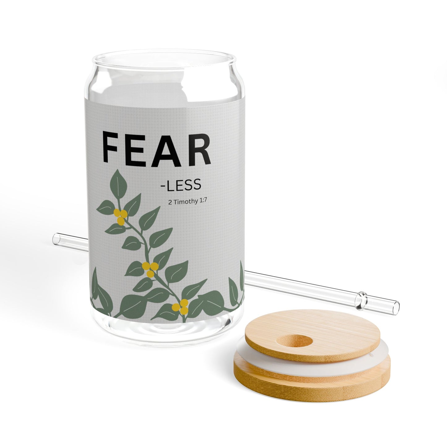 FEAR-less Glass Can (16oz) — 2 Timothy 1:7, Floral Straw Tumbler | Christian Gift