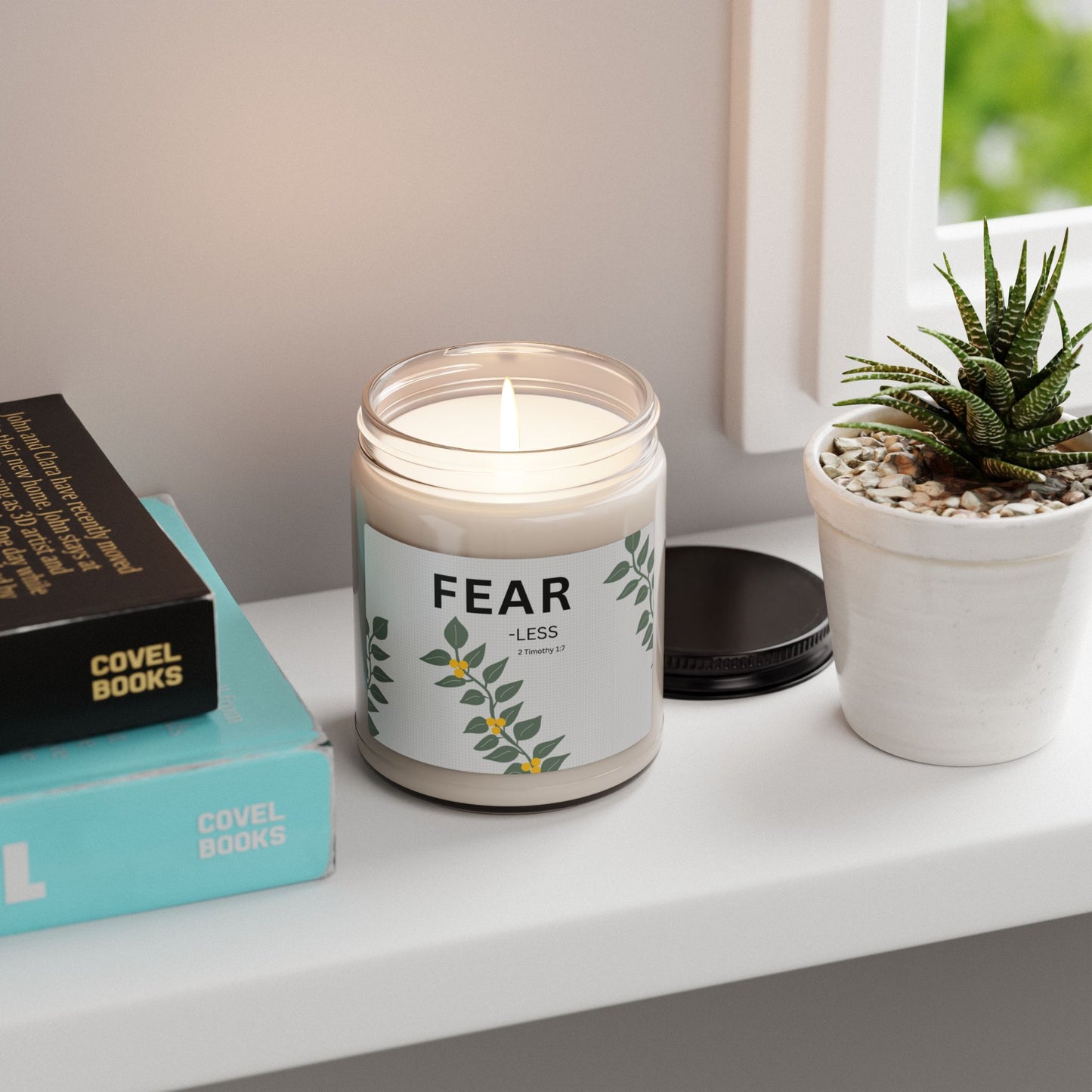 Fear-less Soy Candle — 9oz Scented Jar with Floral Design (2 Timothy 1:7)