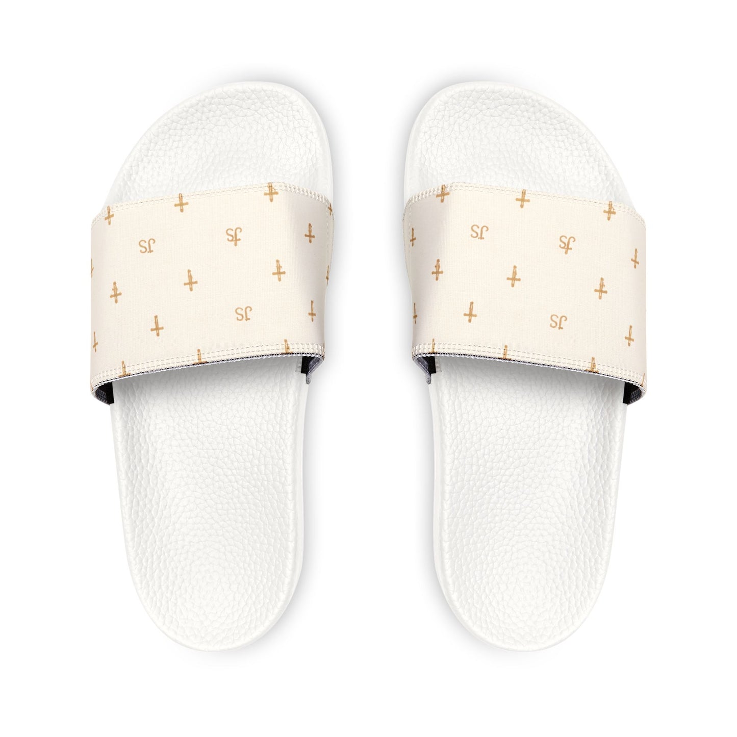 Christian Cross Slides — Youth Removable-Strap Sandals with Cream Cross Pattern