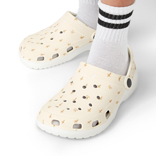 Kids EVA Foam Clogs  with Charms— Cream Cross Pattern Christian Slip-Ons