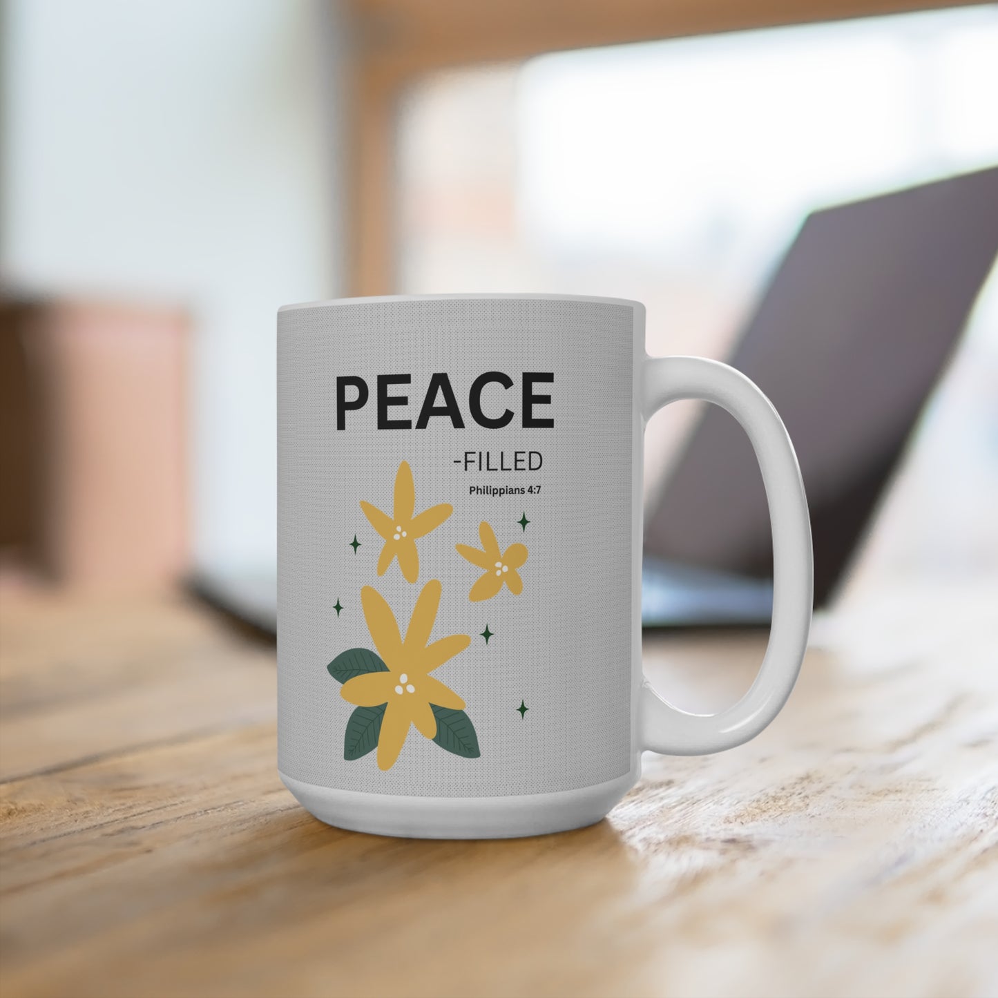 PEACE-filled 15oz Christian Mug —  Floral Design, Philippians 4:7