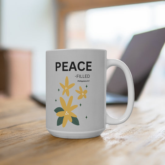 PEACE-filled 15oz Christian Mug —  Floral Design, Philippians 4:7