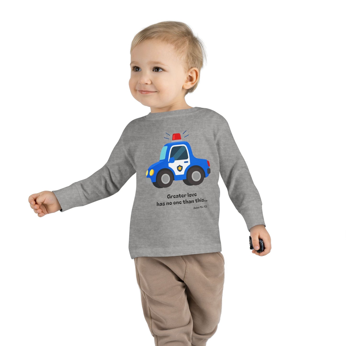 Christian Toddler Long Sleeve Tee — Police Car Kids Shirt (John 15:13)