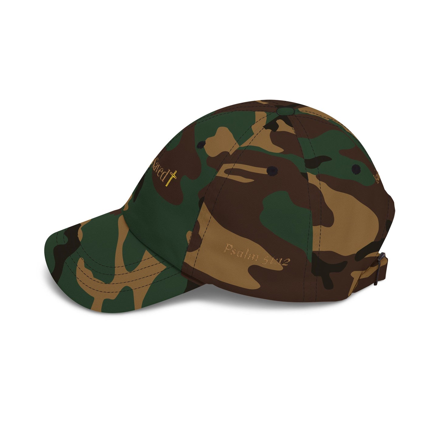 Classic "Dad" Cap, Cross logo with verses — Embroidered Christian Baseball Hat, Gold text