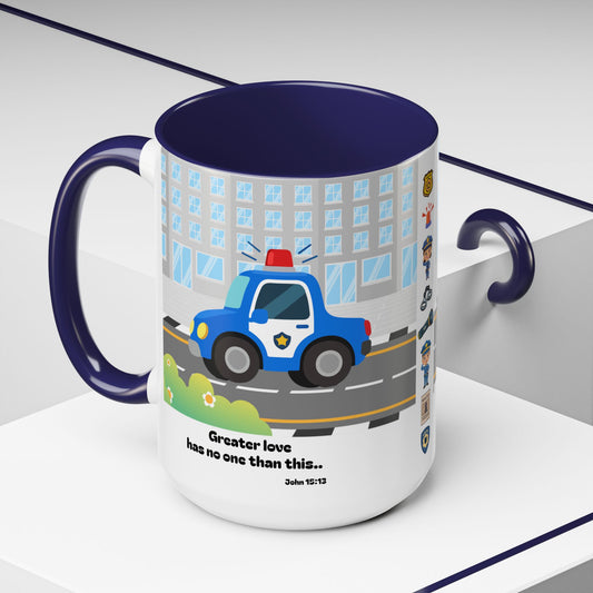 Police Car Coffee Mug — "Greater love has no one than this" Scripture Mug (11/15 oz)