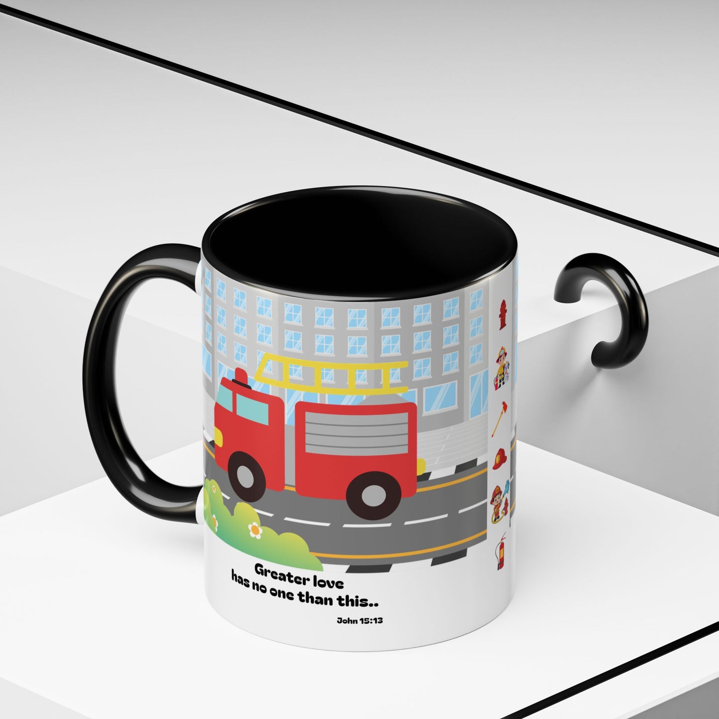 Fire Truck Coffee Mug — "Greater love has no one than this" Scripture Mug (11/15 oz)