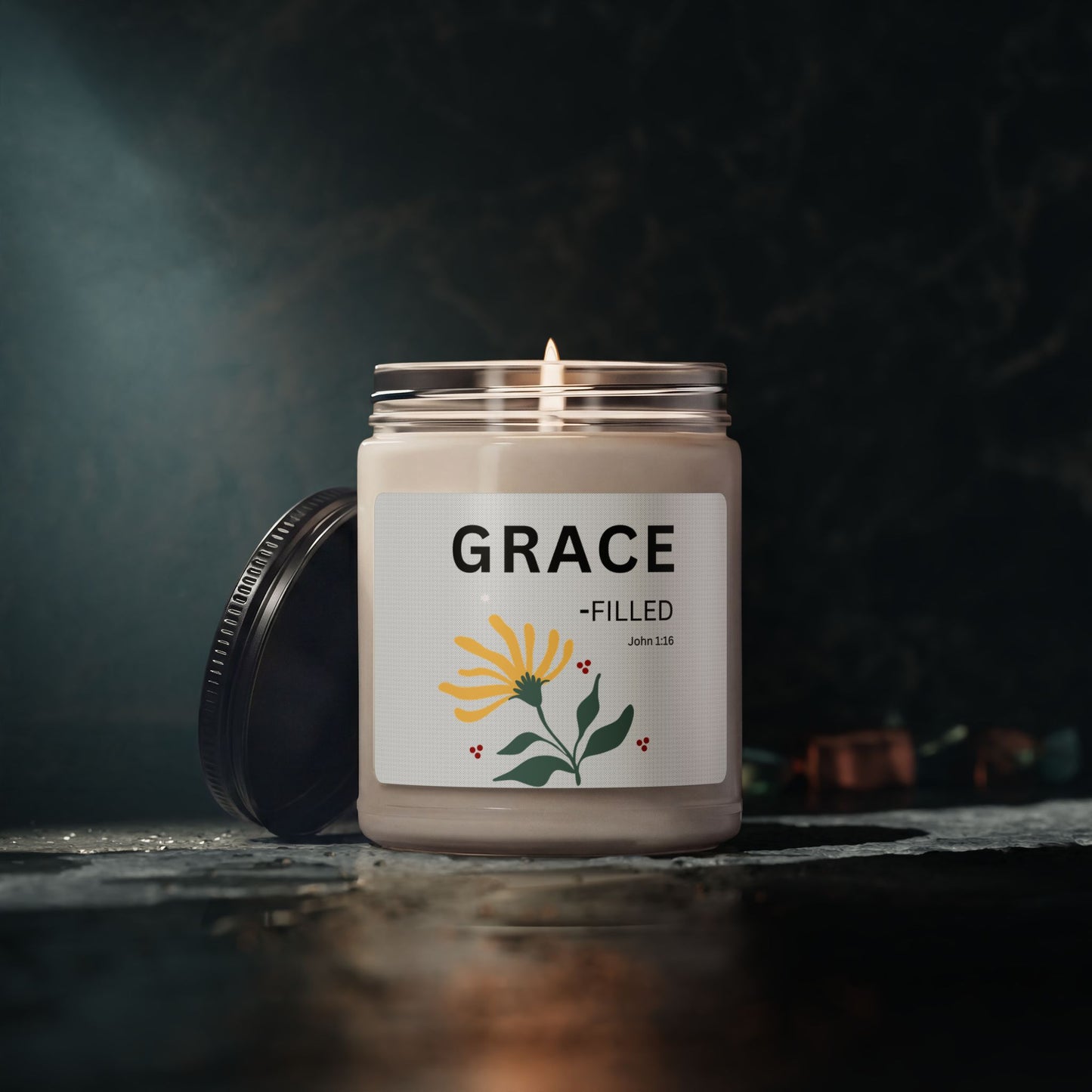 Grace-filled Soy Candle — 9oz Scented Jar with Floral Design (John 1:16)