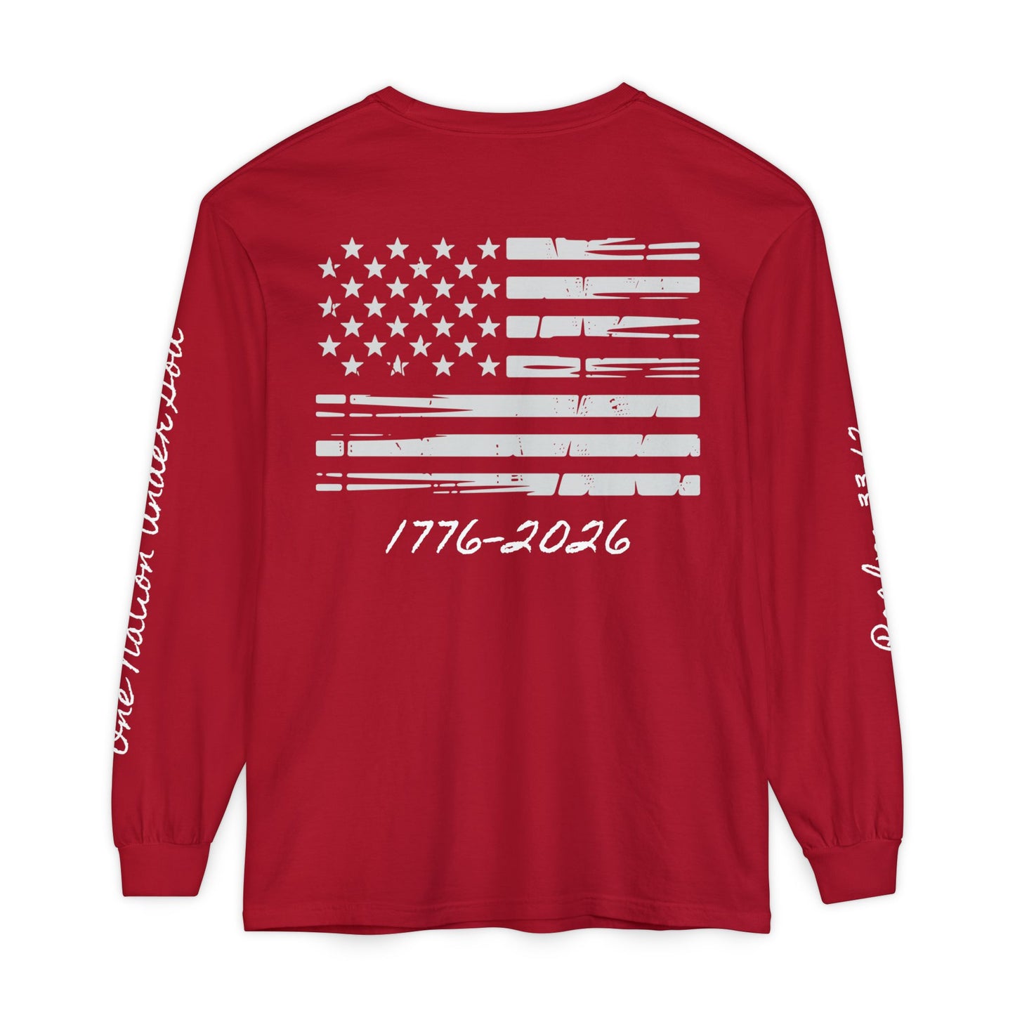 Christian Patriotic Long Sleeve Tee — "One Nation Under God" & Psalm 33:12 — USA 250 Anniversary
