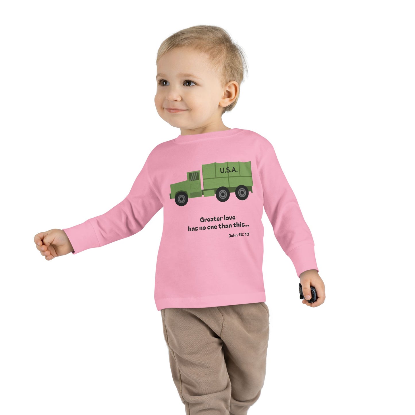 Christian Toddler Long Sleeve Tee — Military Truck Kids Shirt (John 15:13)