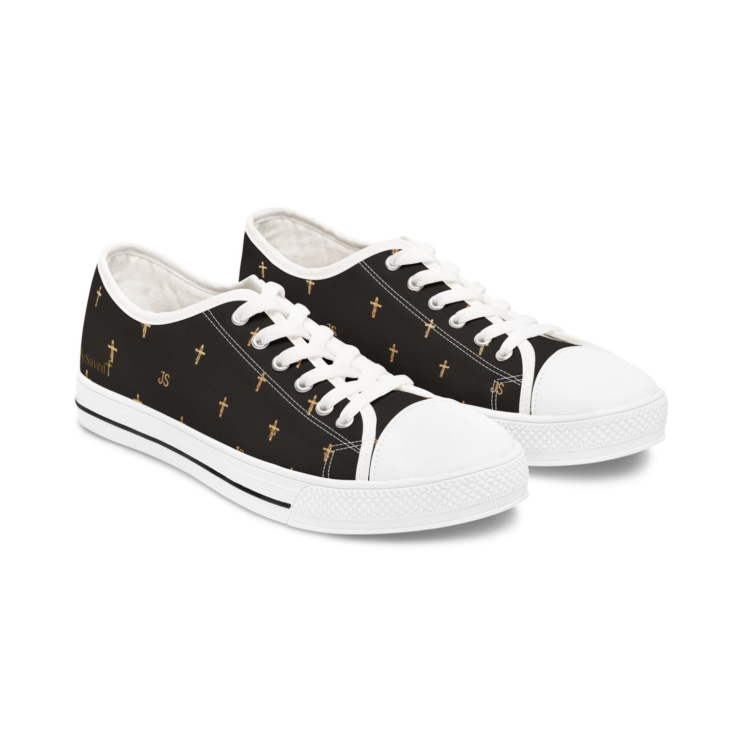 Joyfully Saved Cross Pattern Women's Low Top Sneakers — Black, 'Wear Your Faith'