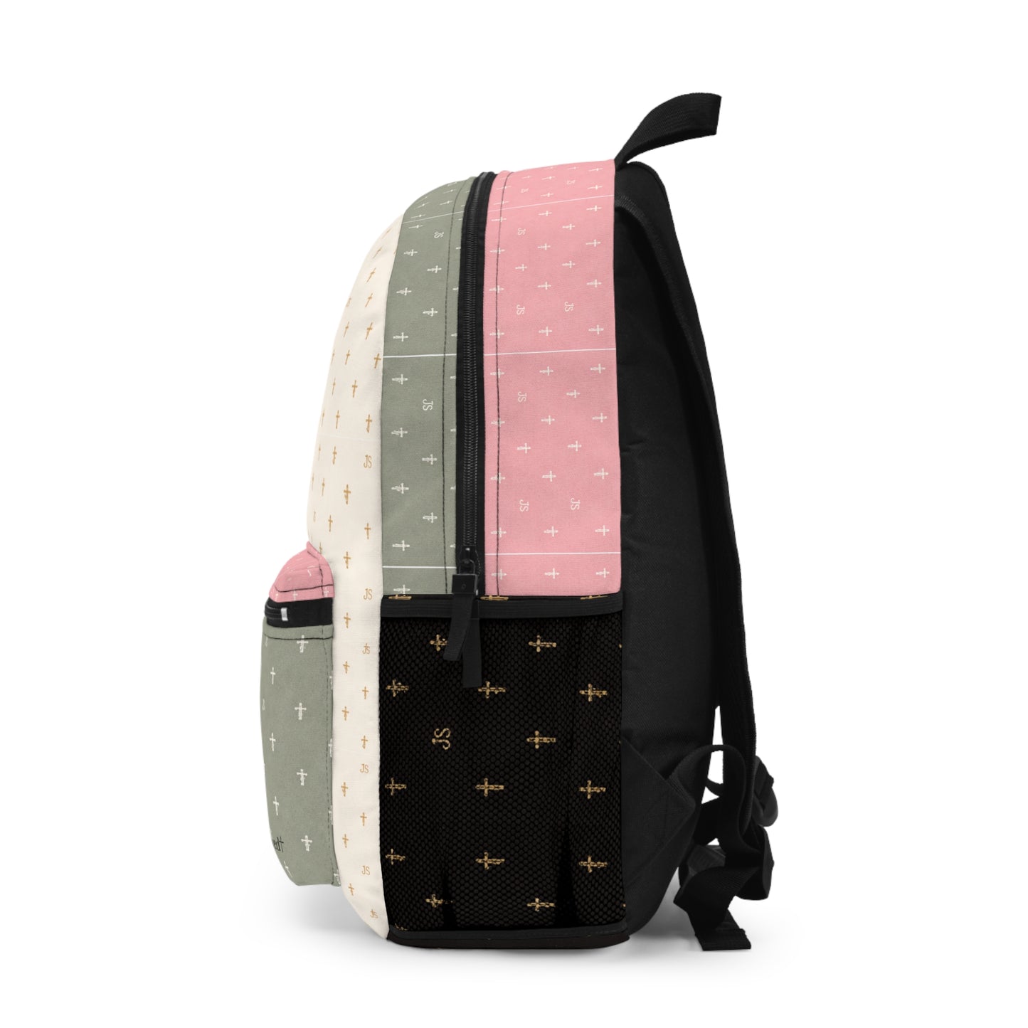 Joyfully Saved Cross Backpack, black logo—  multi colored Christian School Bag