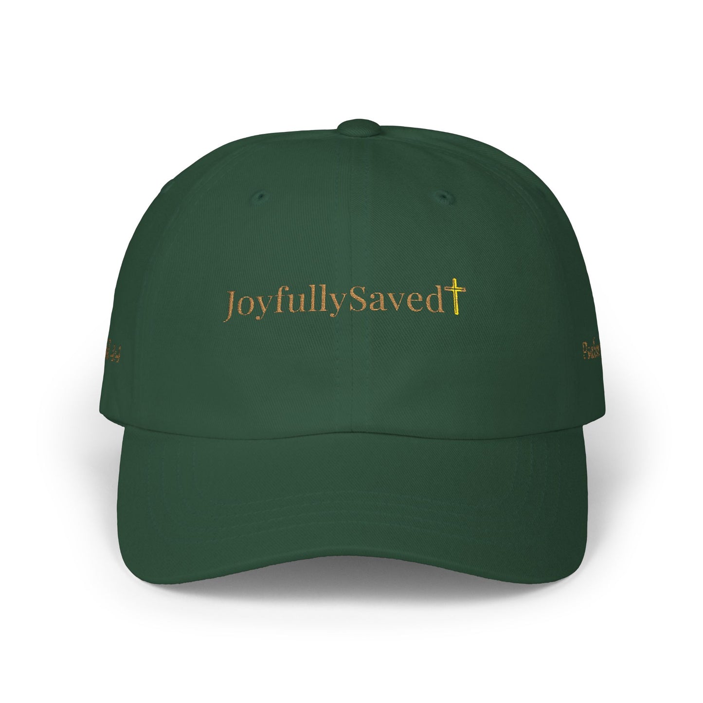 Classic "Dad" Cap, Cross logo with verses — Embroidered Christian Baseball Hat, Gold text