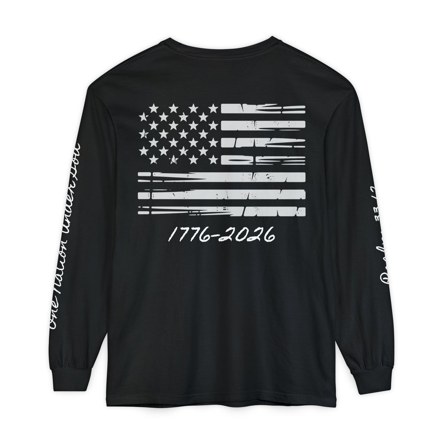 Christian Patriotic Long Sleeve Tee — "One Nation Under God" & Psalm 33:12 — USA 250 Anniversary