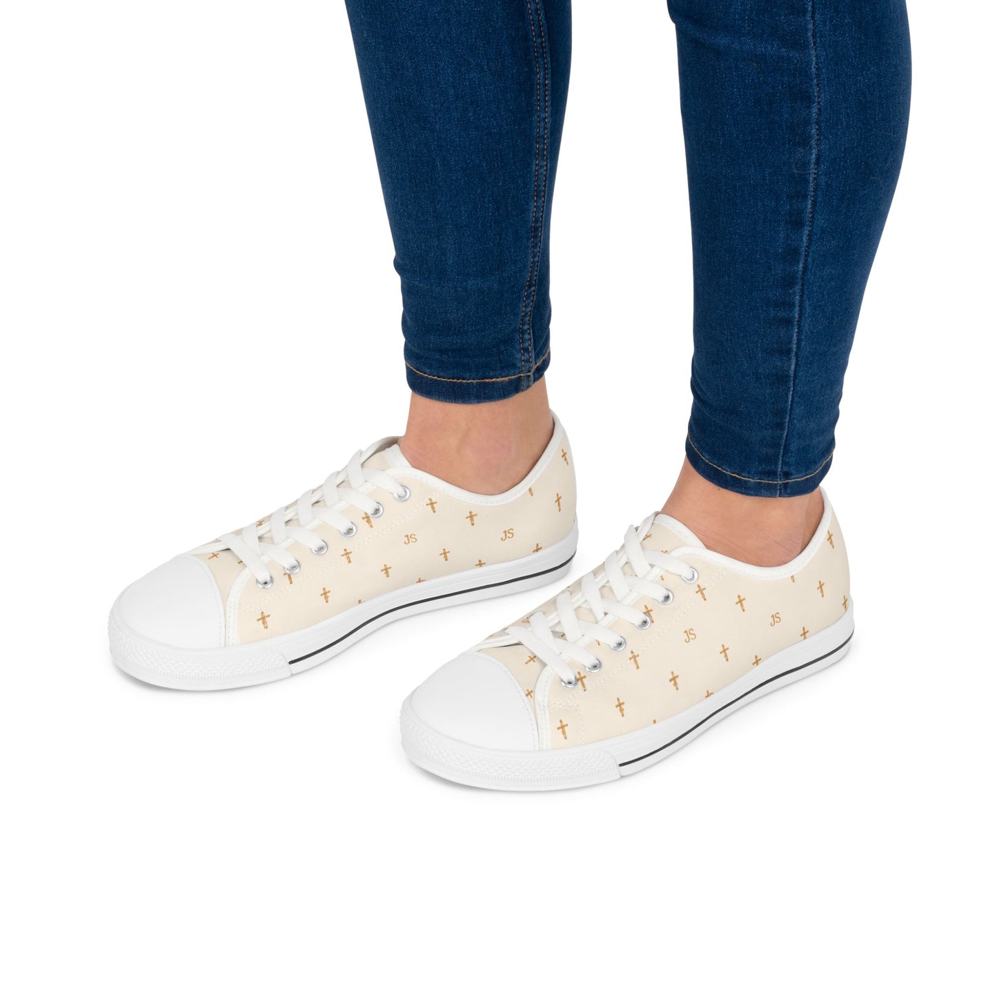 Joyfully Saved Cross Pattern Women's Low Top Sneakers — CREME, 'Wear Your Faith'