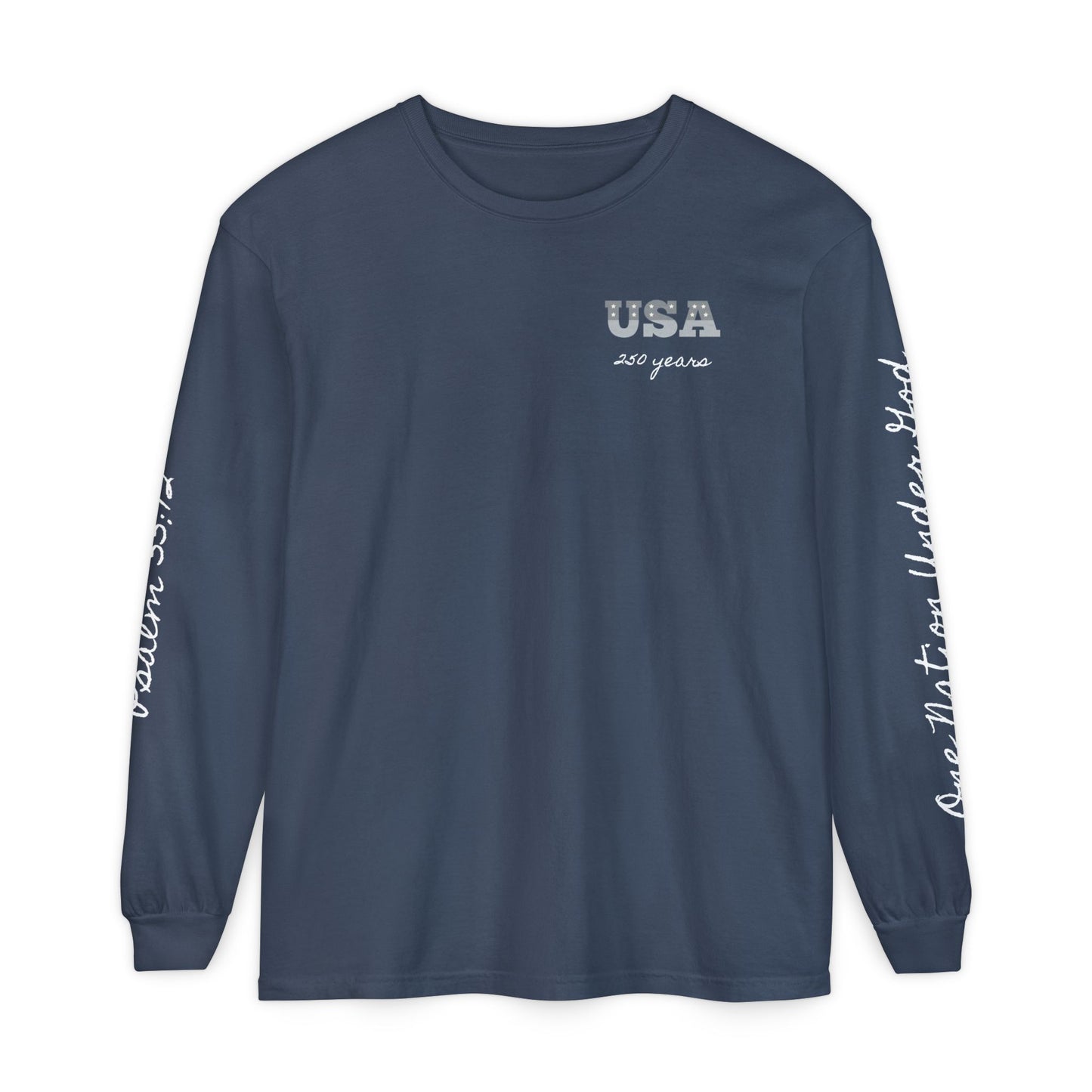 Christian Patriotic Long Sleeve Tee — "One Nation Under God" & Psalm 33:12 — USA 250 Anniversary