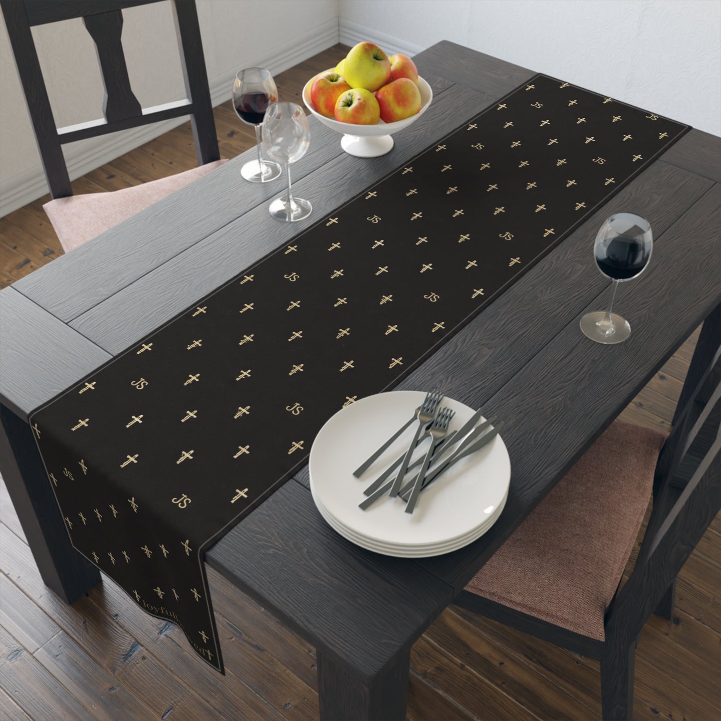 Signature Cross Table Runner, Black — JoyfullySaved Faith-Inspired Cotton/Poly Decor