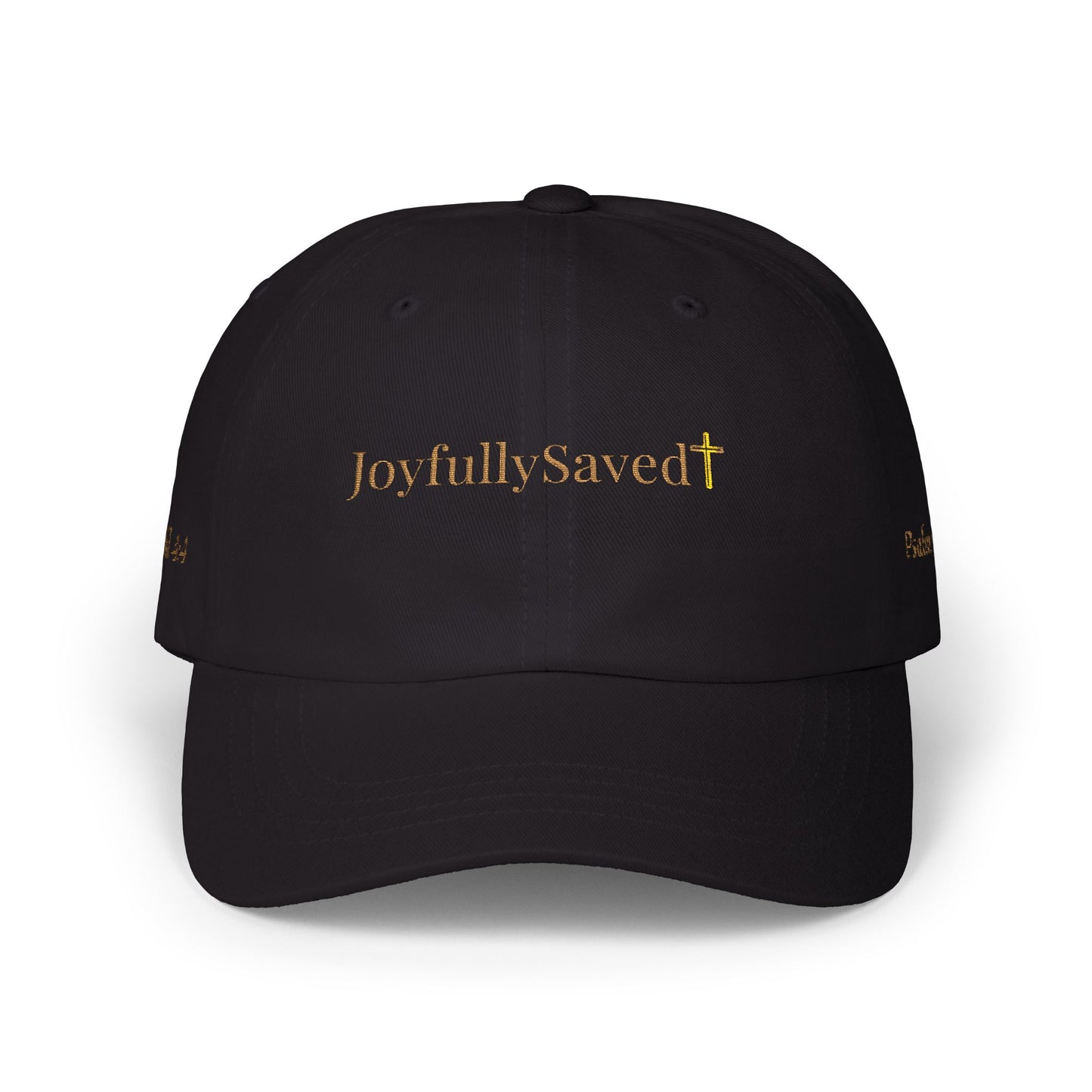 Classic "Dad" Cap, Cross logo with verses — Embroidered Christian Baseball Hat, Gold text
