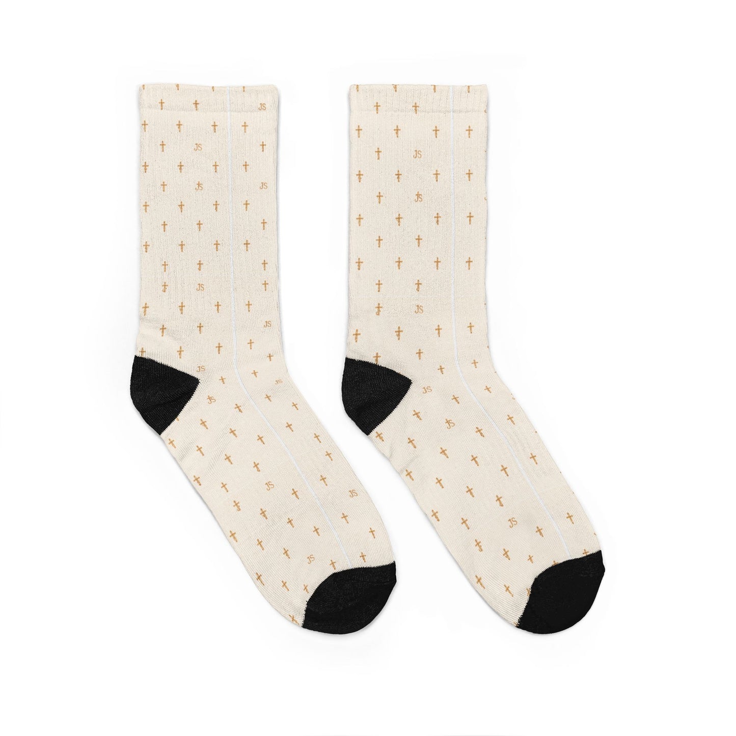 Cream 'Joyfully Saved' Cross Pattern Crew Socks — Christian Faith Novelty Socks