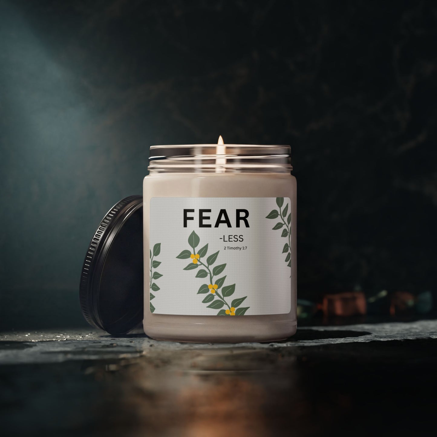 Fear-less Soy Candle — 9oz Scented Jar with Floral Design (2 Timothy 1:7)