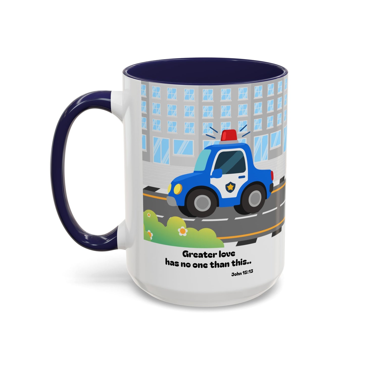 Police Car Coffee Mug — "Greater love has no one than this" Scripture Mug (11/15 oz)