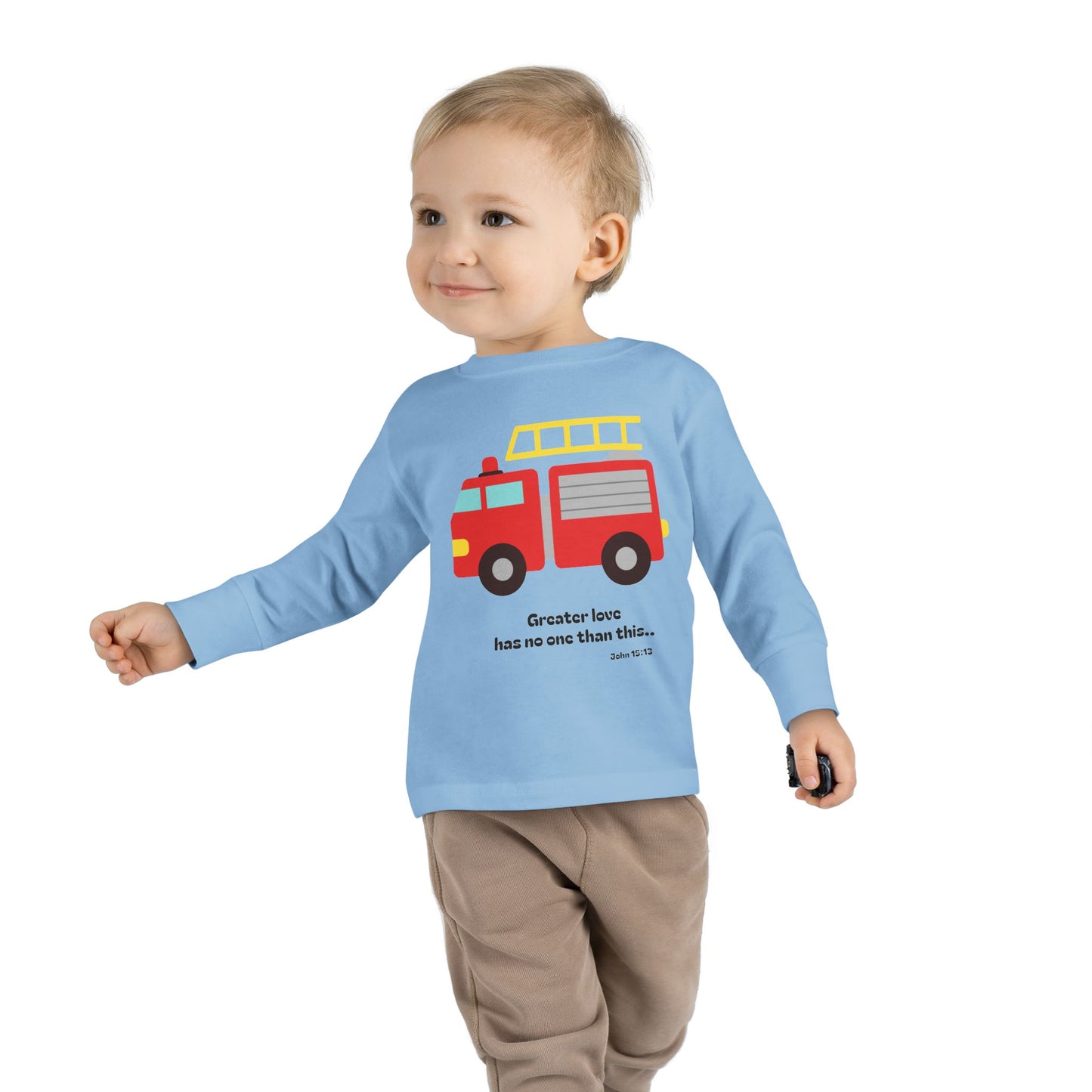 Christian Toddler Long Sleeve Tee — Fire Truck Kids Shirt (John 15:13)