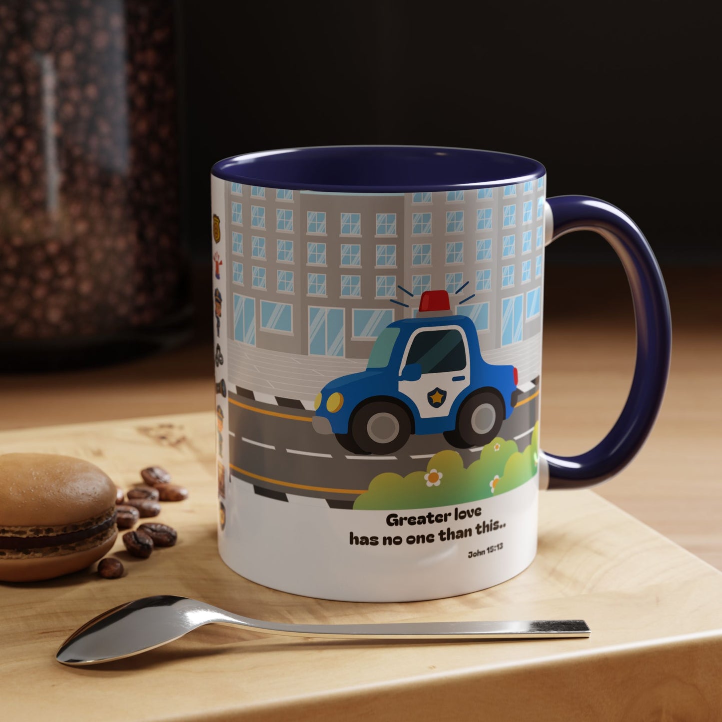 Police Car Coffee Mug — "Greater love has no one than this" Scripture Mug (11/15 oz)