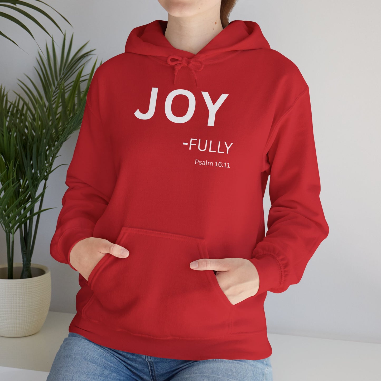 Joy-Fully Hoodie White Text — Minimal Christian Faith Pullover (Psalm 16:11)