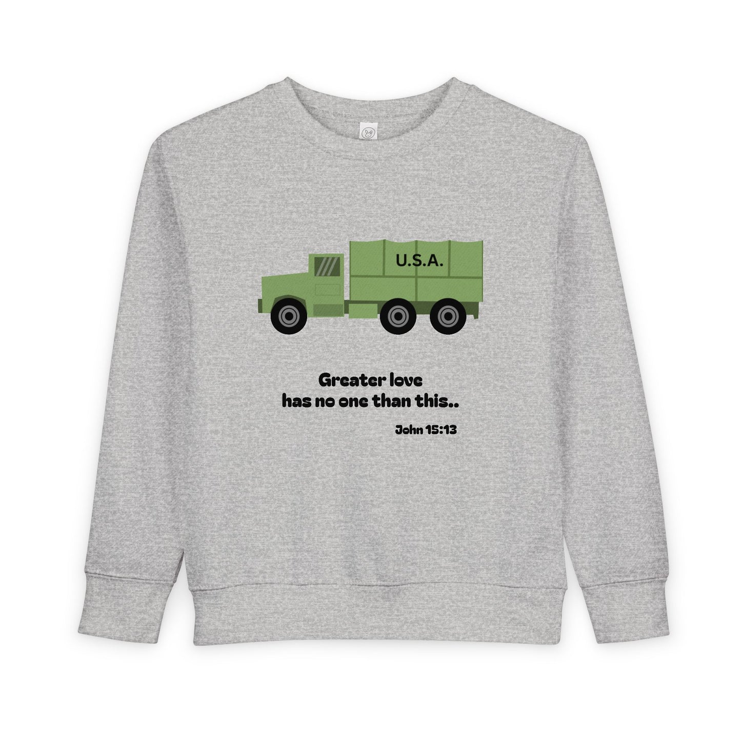 Christian Toddler Sweatshirt • Military Truck  Kids Pullover (John 15:13)