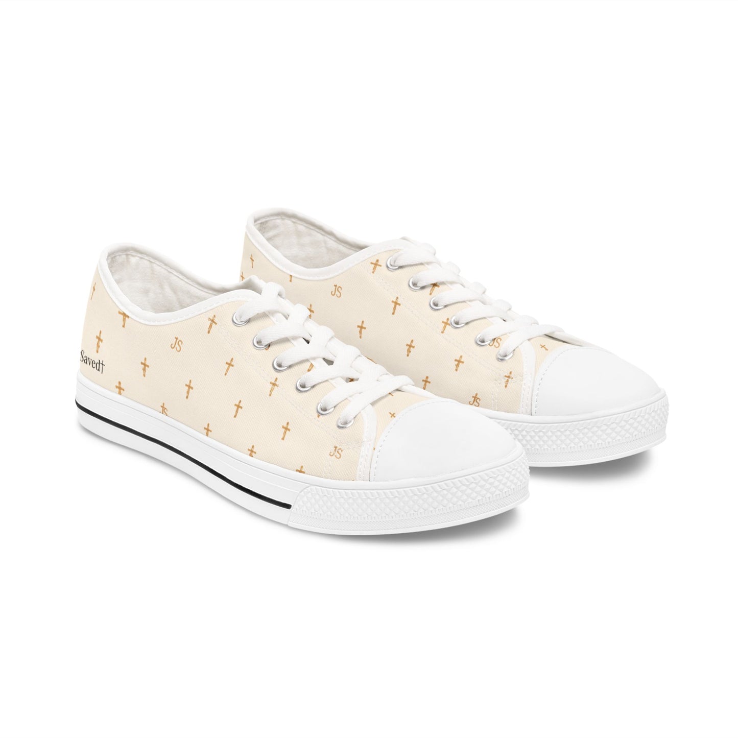 Joyfully Saved Cross Pattern Women's Low Top Sneakers — CREME, 'Wear Your Faith'