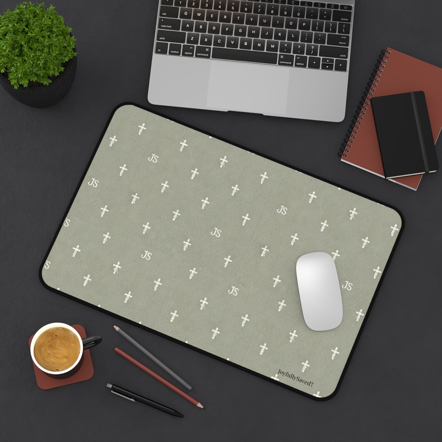 Christian Cross Pattern Desk Mat — "JoyfullySaved" Desk, Mouse Pad