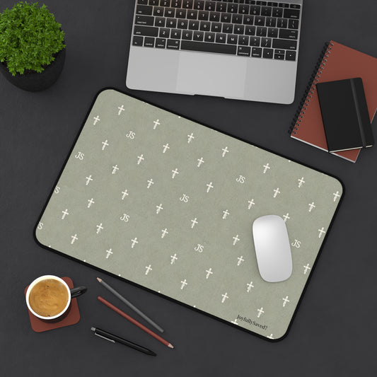 Christian Cross Pattern Desk Mat — "JoyfullySaved" Desk, Mouse Pad