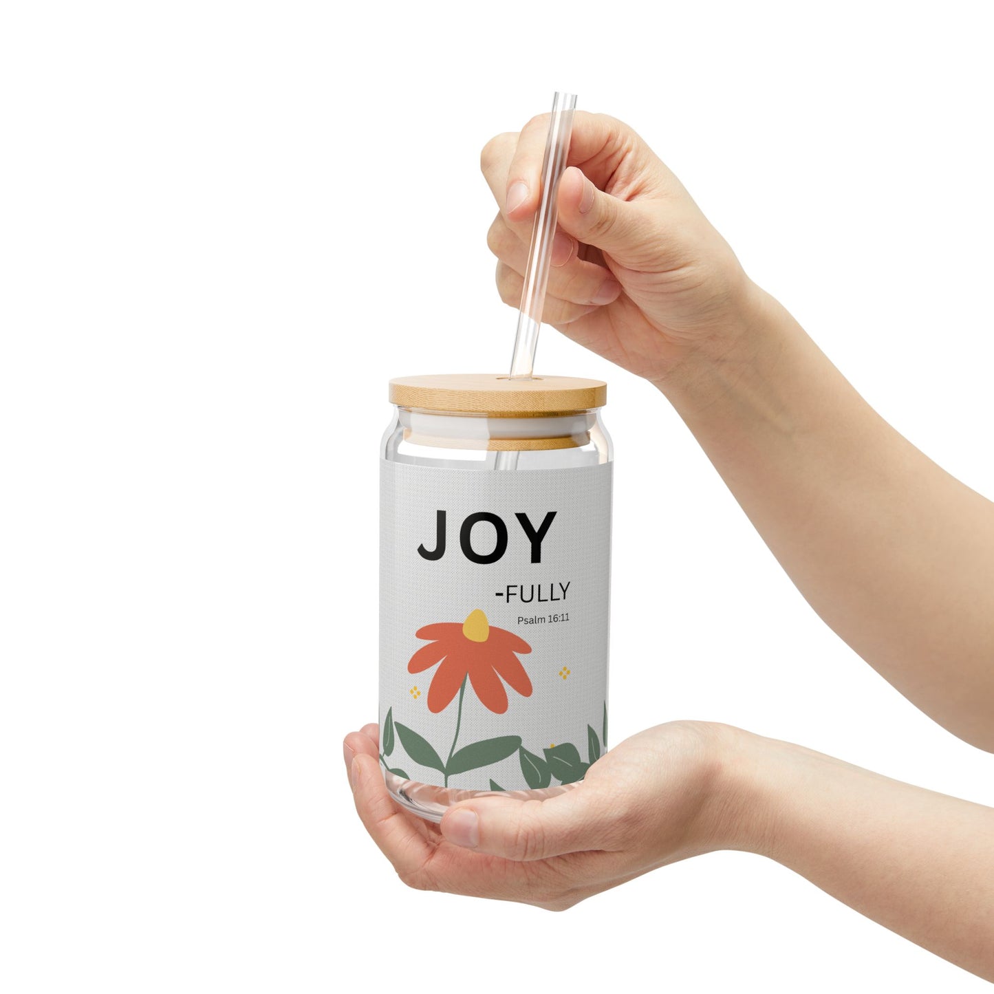 JOY-fully Glass Can (16oz) — Psalm 16:11 Floral Straw Tumbler | Christian Gift