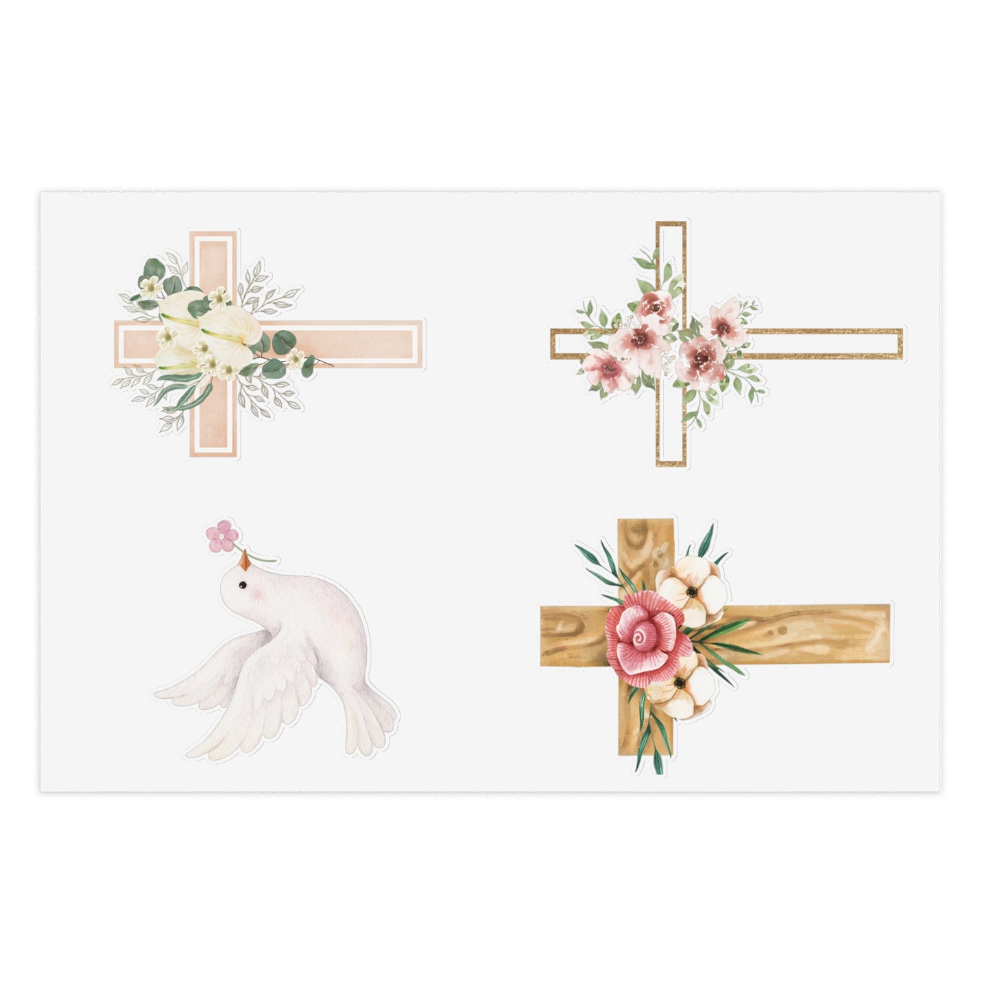 Christian Cross & Dove Floral Sticker Sheet — 4 Religious Faith Stickers