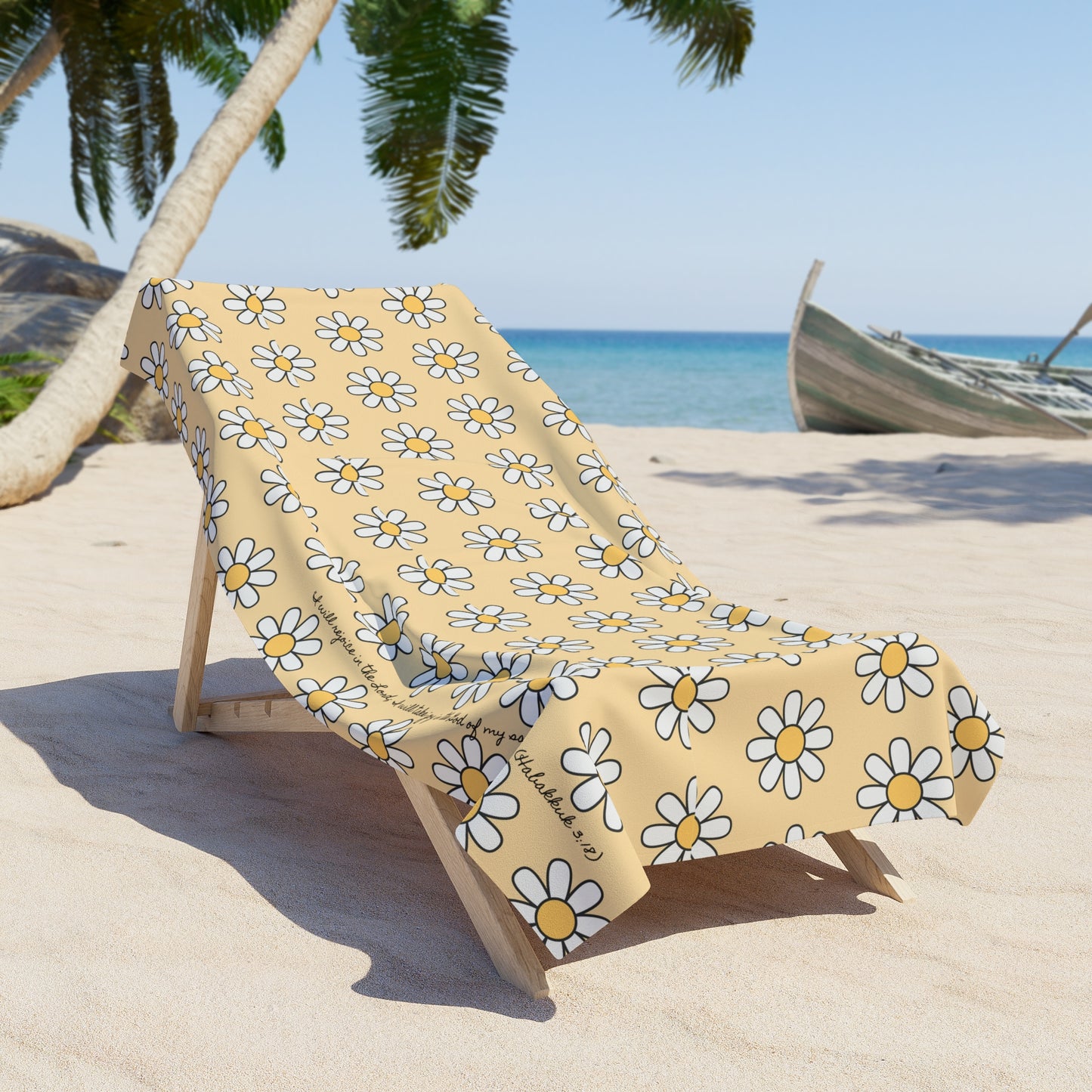 Daisy Pattern Beach Towel — Yellow Floral Summer Towel with scripture ( Habakkuk 3:18)
