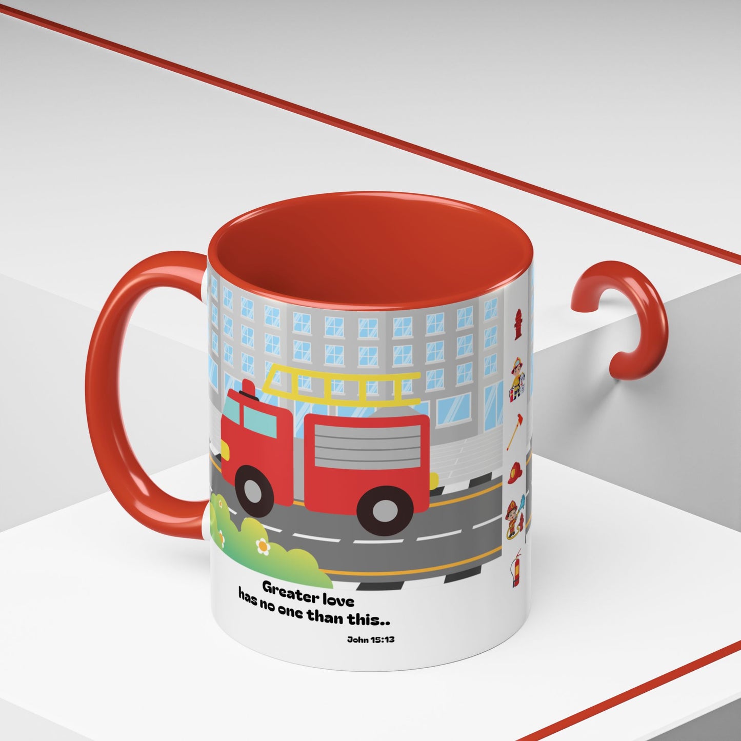 Fire Truck Coffee Mug — "Greater love has no one than this" Scripture Mug (11/15 oz)