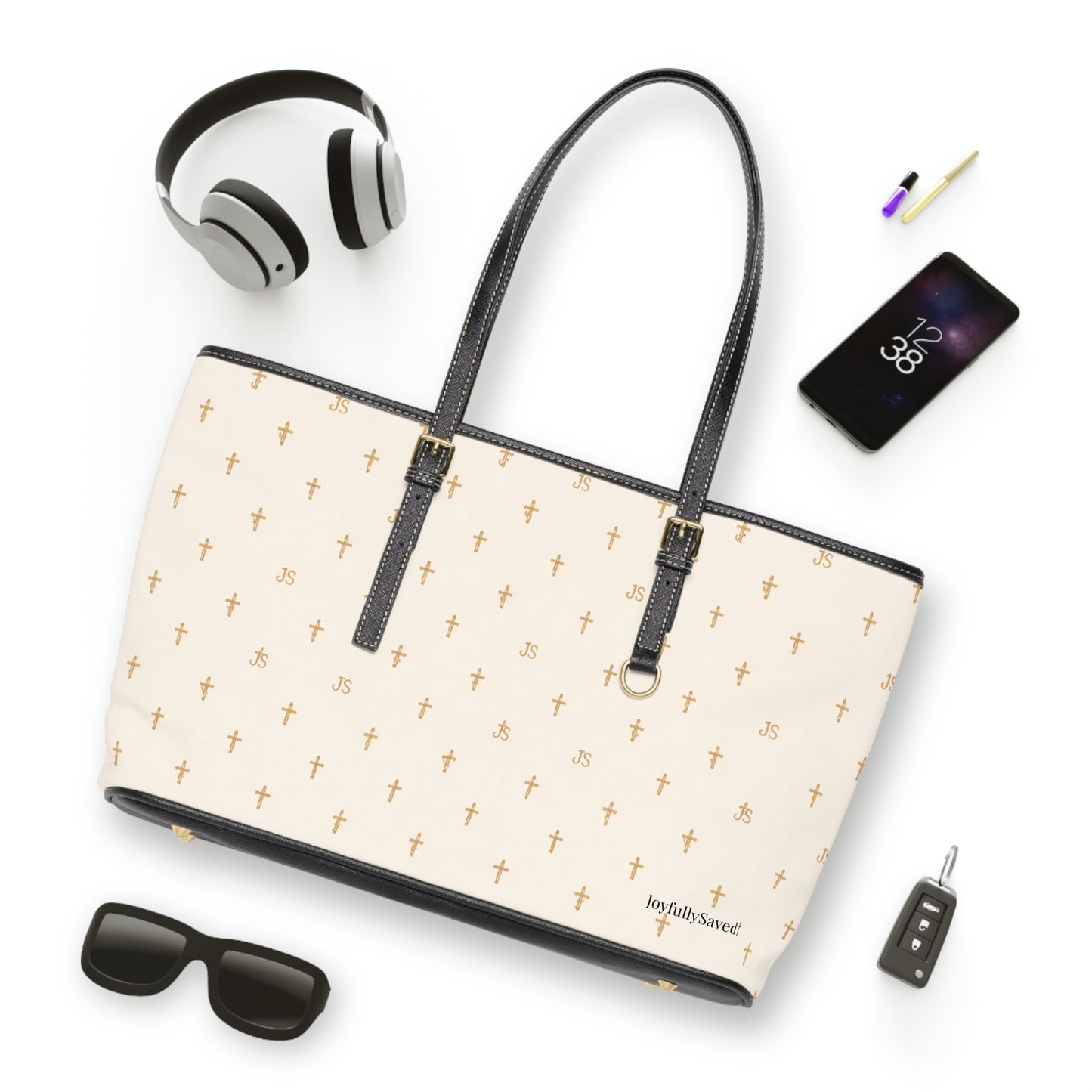 Signature Cross PU Leather Shoulder Bag — Christian, Cream Cross Pattern