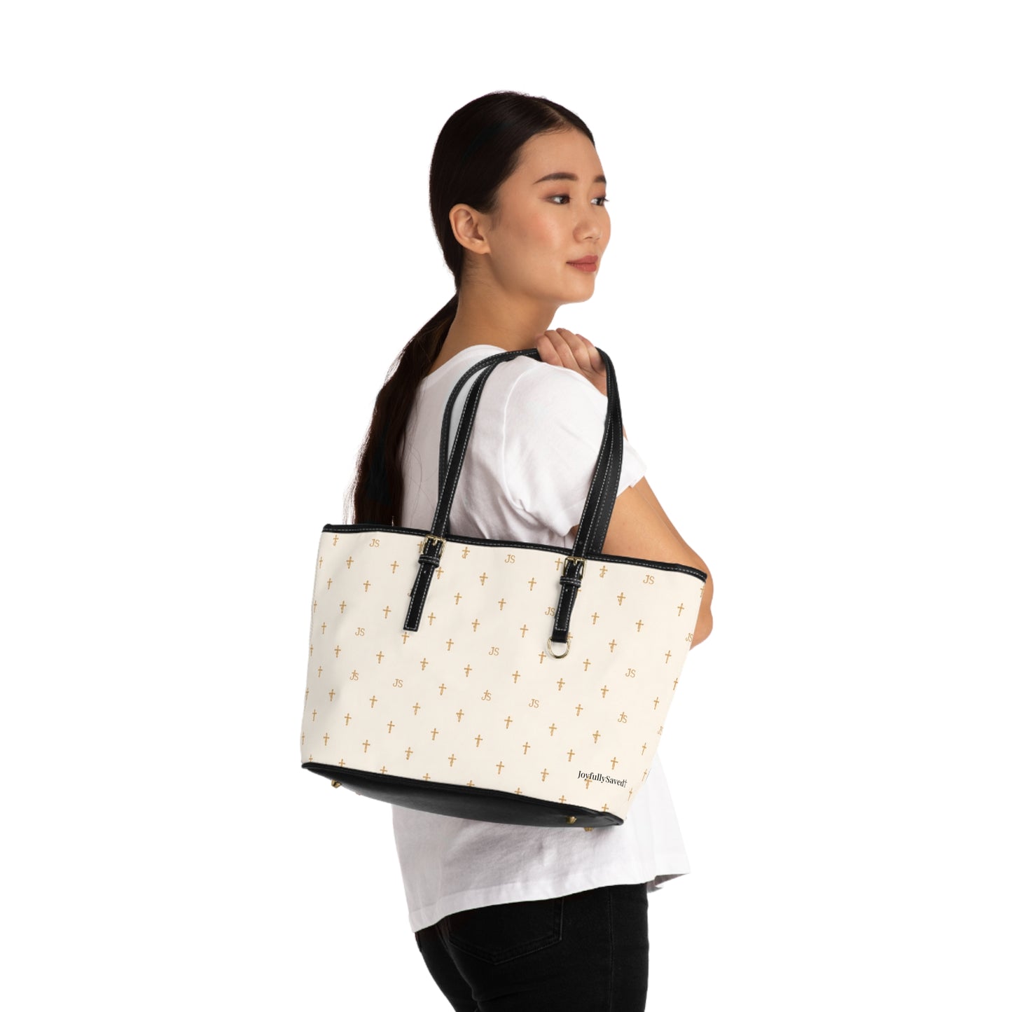 Signature Cross PU Leather Shoulder Bag — Christian, Cream Cross Pattern