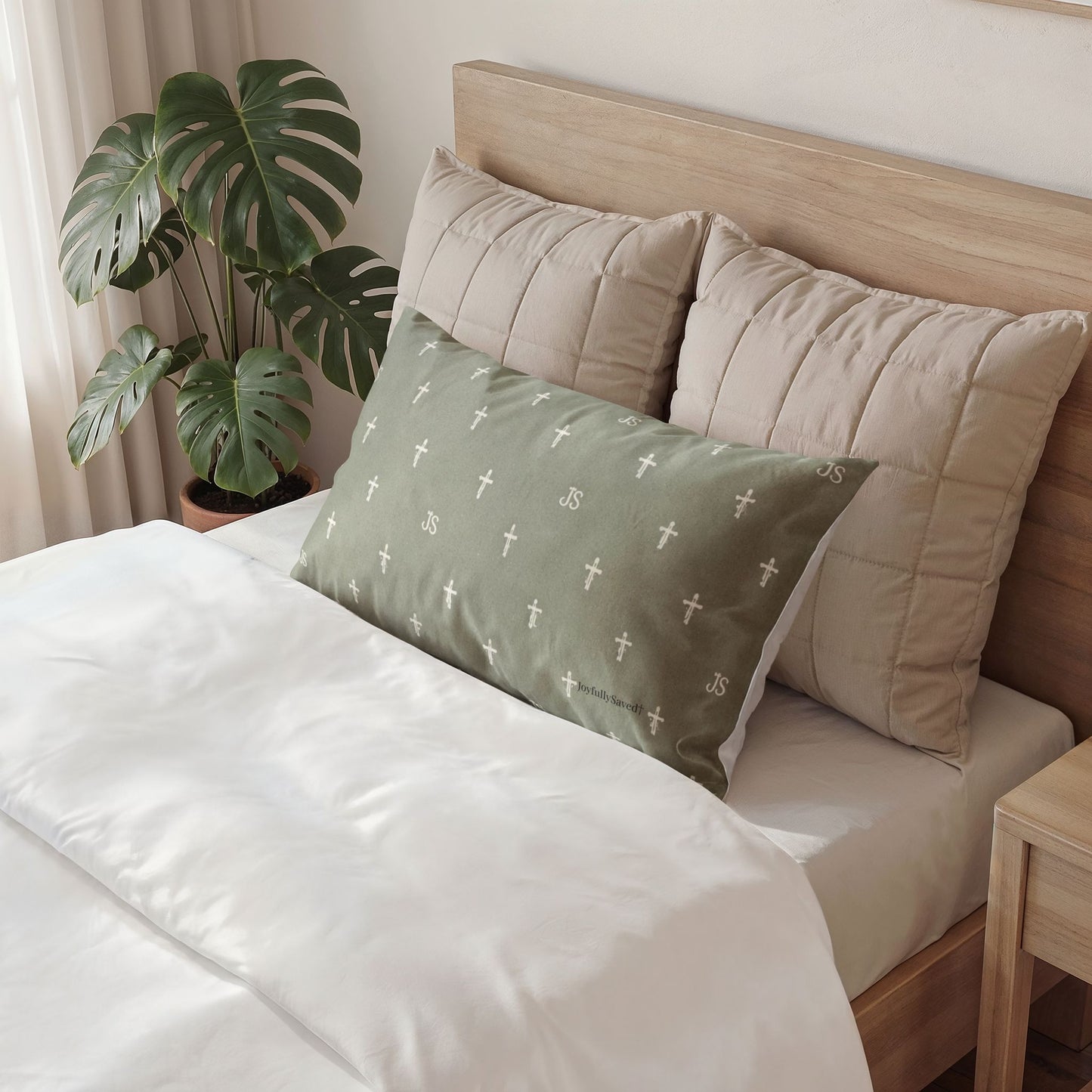 Cross Pattern Cotton Pillow Sham — Sage Green Christian Pillow Sham
