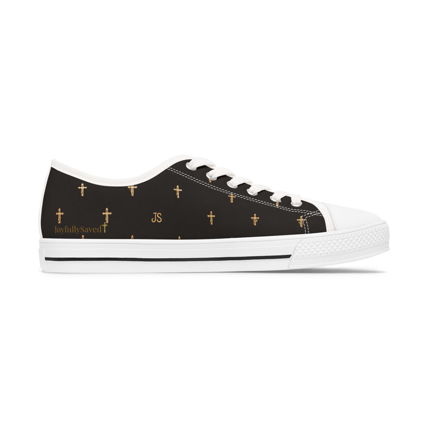 Joyfully Saved Cross Pattern Women's Low Top Sneakers — Black, 'Wear Your Faith'