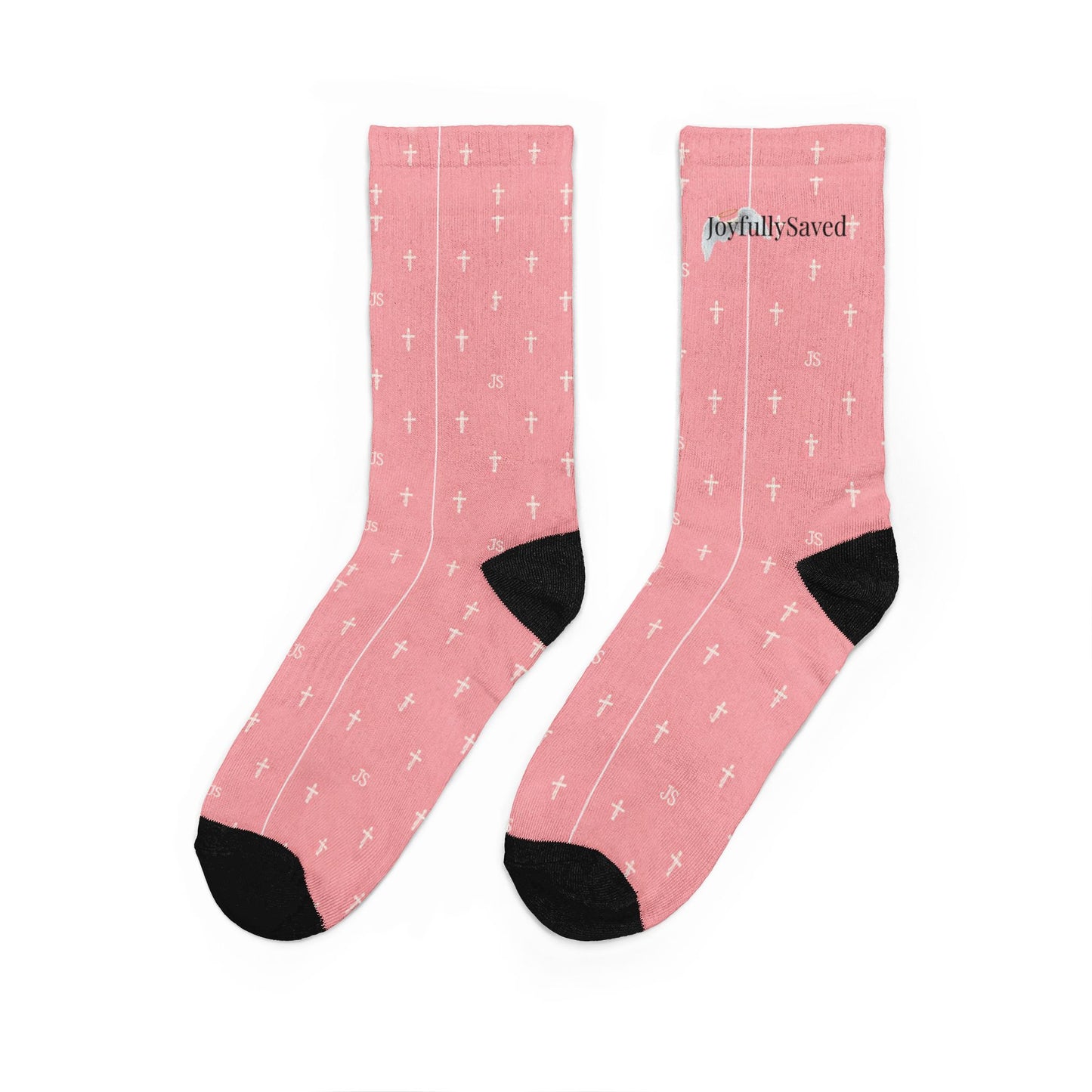 Pink 'Joyfully Saved' Cross Pattern Crew Socks — Christian Faith Novelty Socks