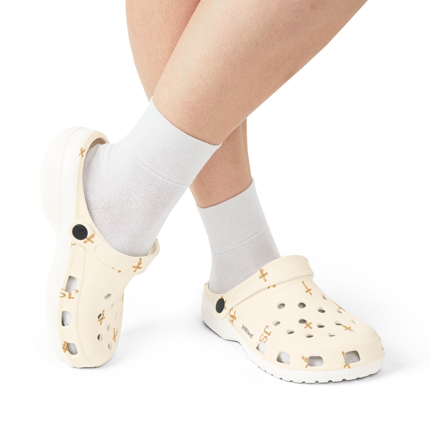 Adult EVA Foam Clogs with charms — Cream Cross Pattern Christian Slip-Ons