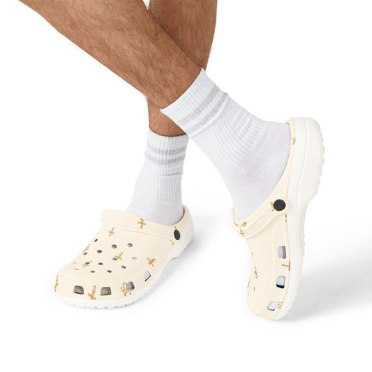 Adult EVA Foam Clogs with charms — Cream Cross Pattern Christian Slip-Ons