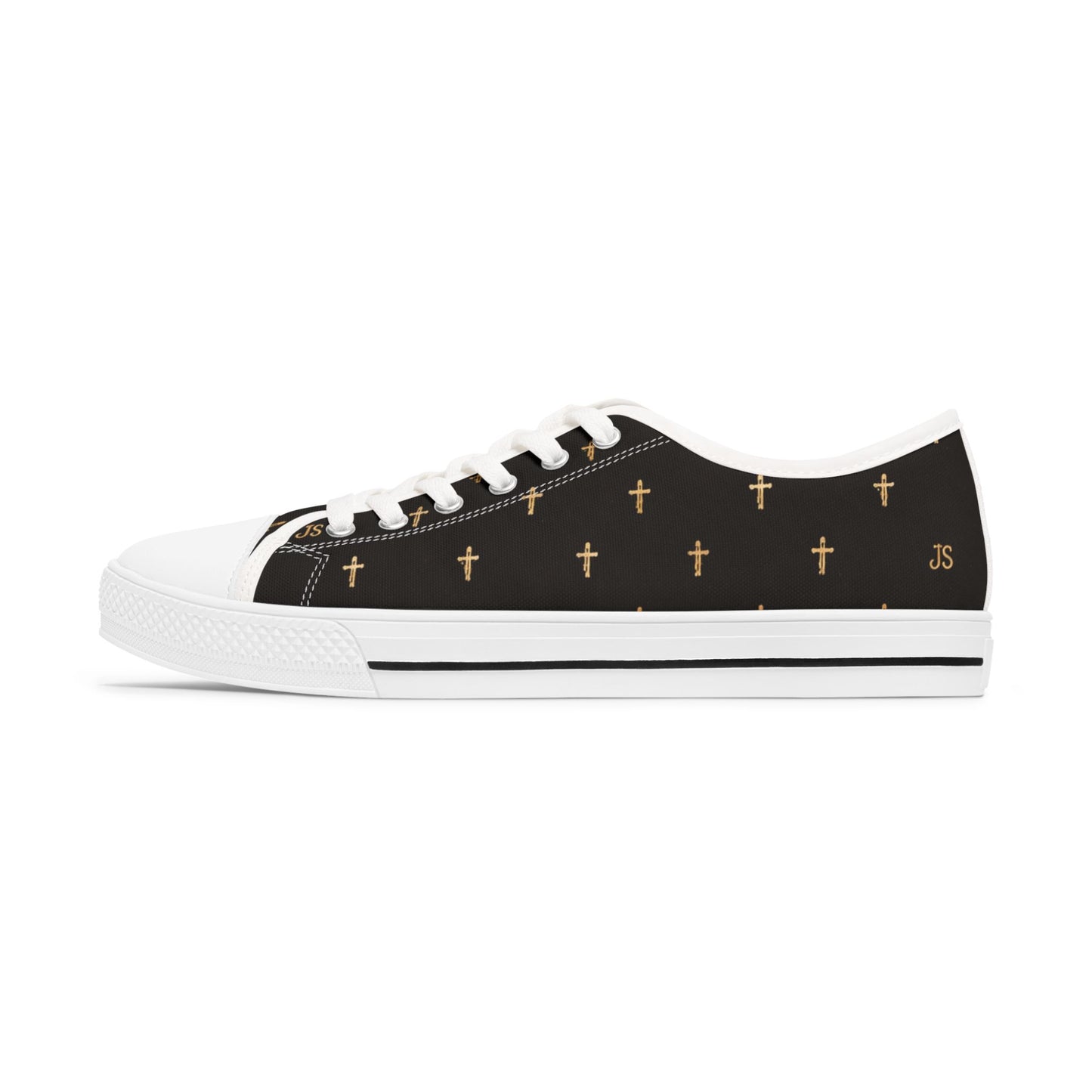 Joyfully Saved Cross Pattern Women's Low Top Sneakers — Black, 'Wear Your Faith'
