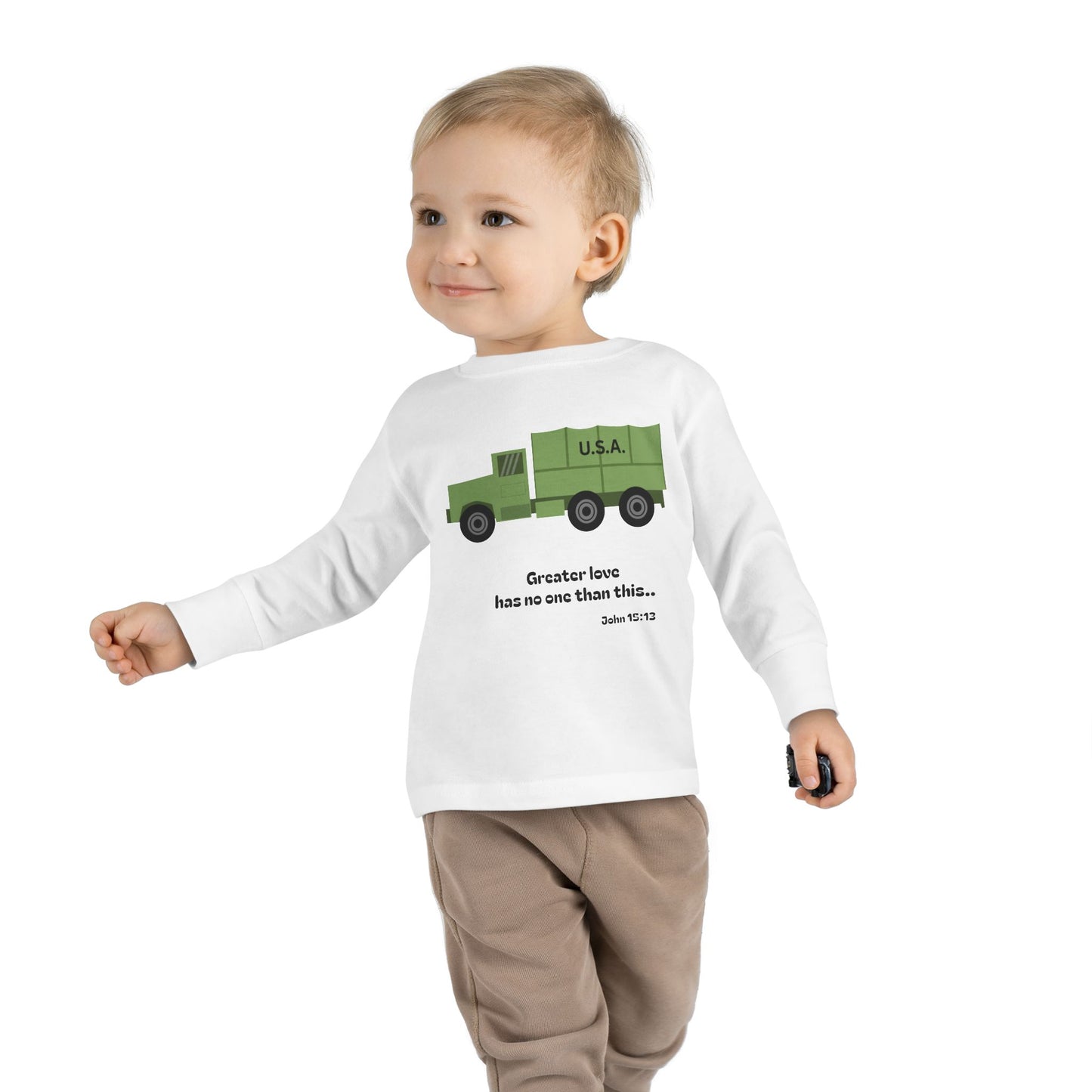Christian Toddler Long Sleeve Tee — Military Truck Kids Shirt (John 15:13)