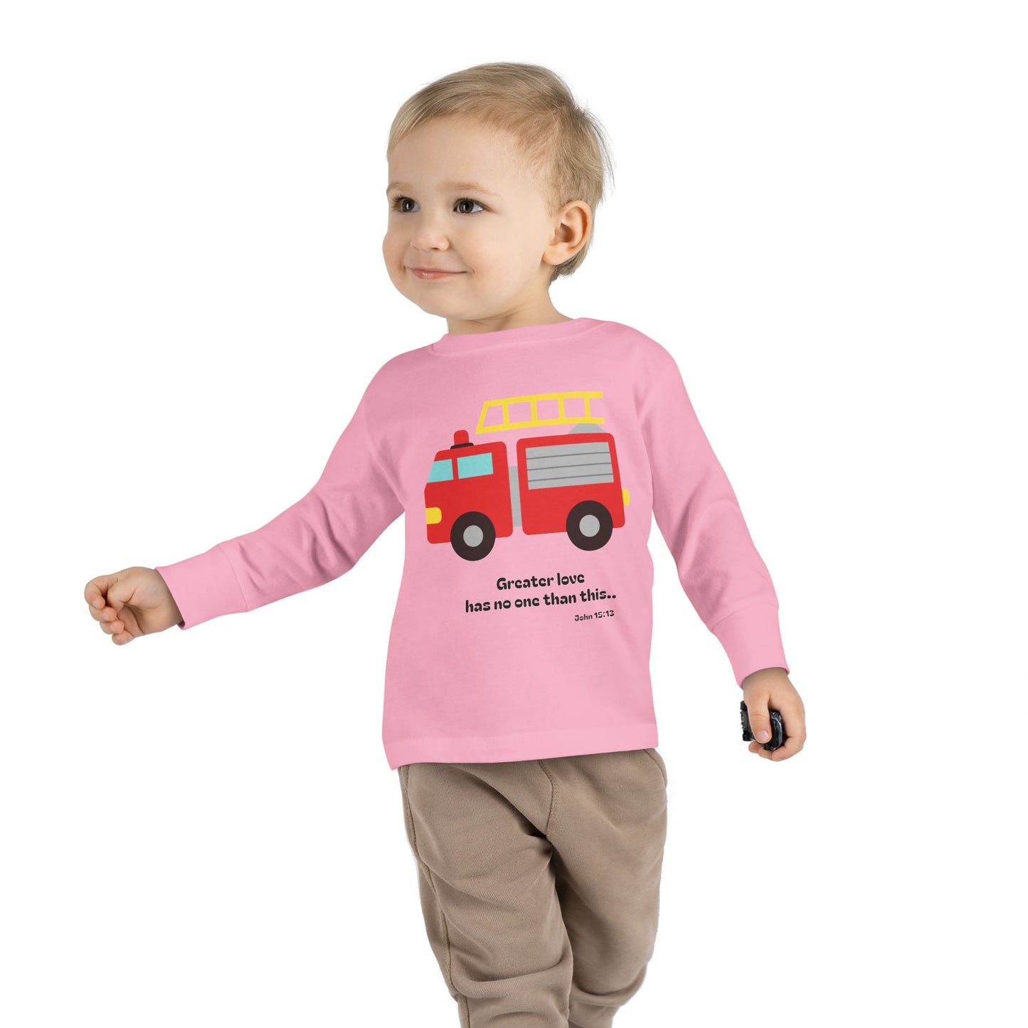 Christian Toddler Long Sleeve Tee — Fire Truck Kids Shirt (John 15:13)